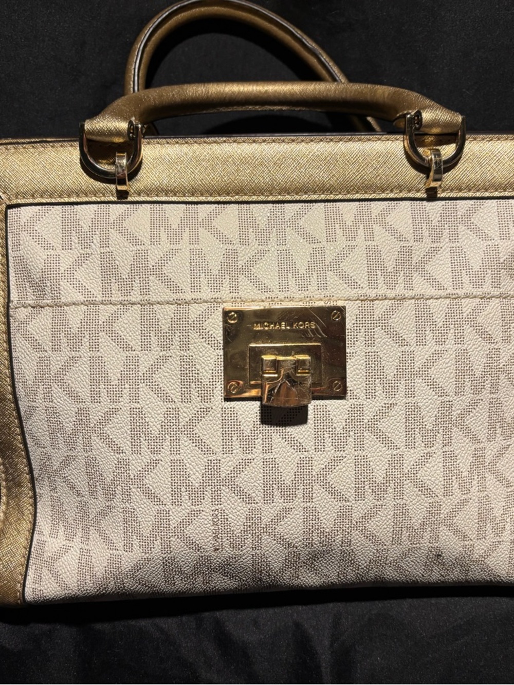 Michael Kors Cream and Gold Logo-Print Satchel